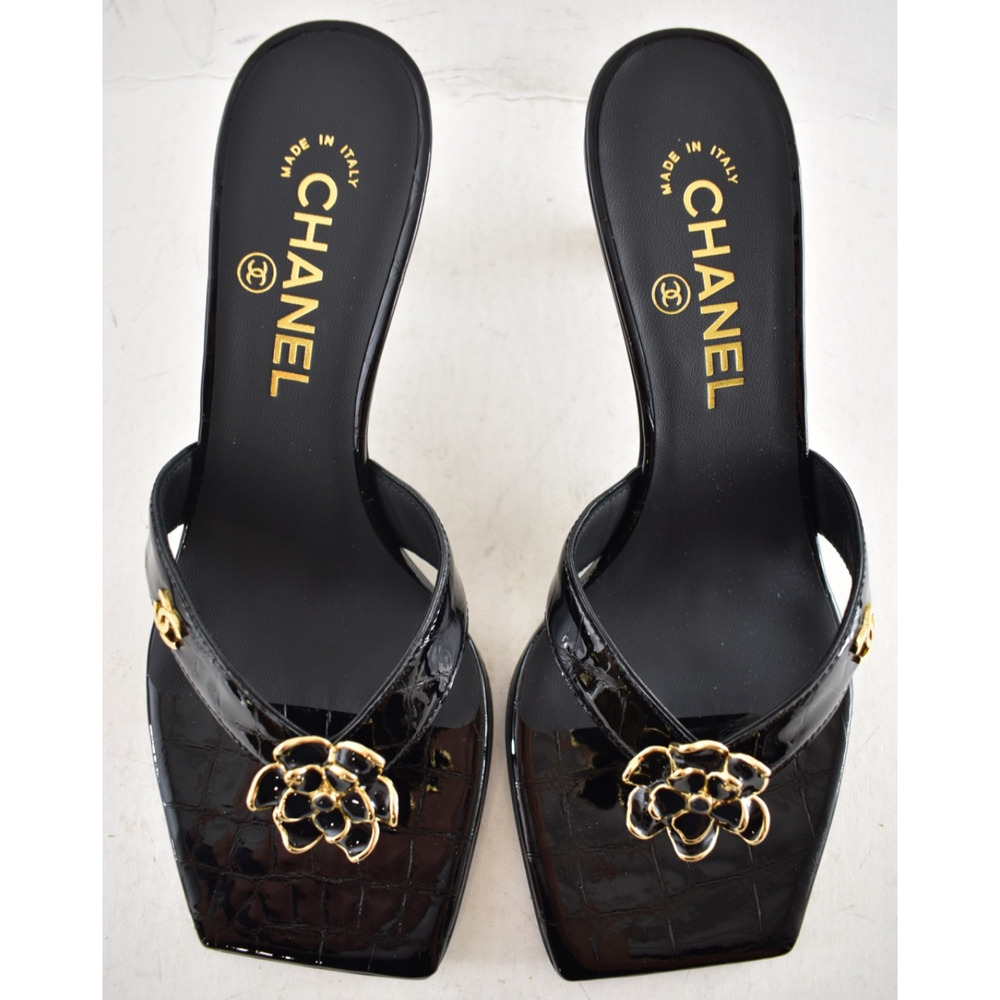 Chanel 26A Black Crocodile Croc CC Flower Backless Mule Heel Thong Sandal 37 - Picture 16 of 16